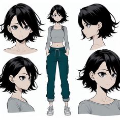 an anime character with black hair and blue eyes, wearing grey shirt and green pants