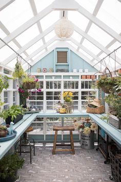 an indoor greenhouse with lots of potted plants and flowers on the windowsills