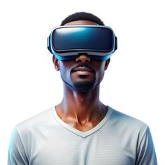 a man wearing a virtual reality headset in front of a white background with his hands on his hips