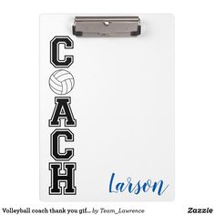 a clipboard with the word coach written on it and a volleyball ball in black ink