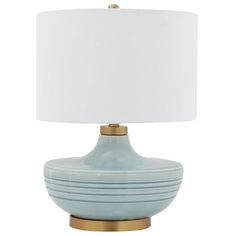 a blue lamp with a white shade on it