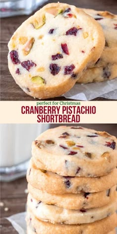 cranberry pistachio shortbread cookies are stacked on top of each other