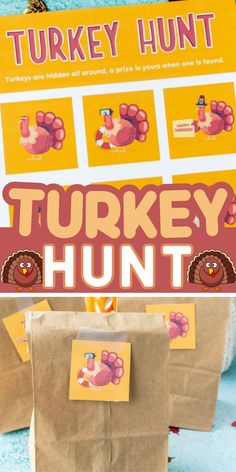 turkey hunt for kids with brown paper bags and stickers on the bag, next to an envelope that says turkey hunt