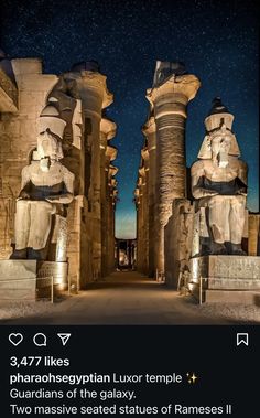 an image of egyptian statues at night with the caption's in english and arabic