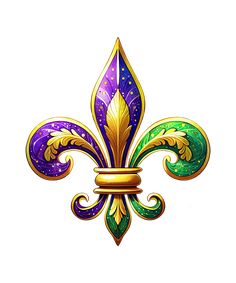 a purple and green fleur de lis with gold trimming on the side