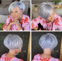 Gray Hair Ombre, Fine Hair 2023, Haircuts Ideas For Women, Short Stacked Hair, Kort Bob, Short Silver Hair, Haircuts Ideas, Short Grey Hair, Edgy Short Hair