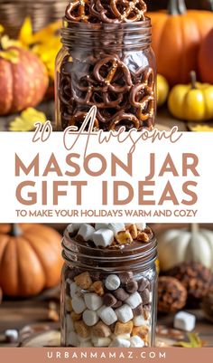 mason jar filled with marshmallows, pretzels and chocolate chips to make your holidays warm and cozy