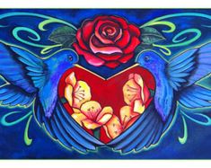 a painting of two blue birds holding a heart and a red rose with the word love written on it