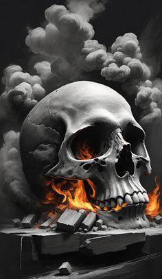 a black and white drawing of a skull on fire