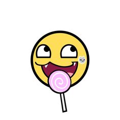 a smiley face holding a lollipop in its mouth