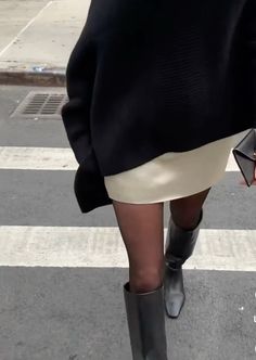 Timeless eleganr winter outfit idea, knee high boots, tights, oversized sweater, satin skirt, effortless outfit Effortless Outfit, Satin Skirt, Oversized Sweater, Winter Outfit, Outfit Idea, Style Ideas, High Boots, Knee High Boots, Knee High