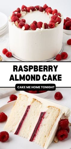 raspberry almond cake with white frosting and fresh raspberries on top