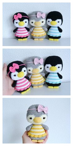 crocheted penguin dolls are shown in three different ways