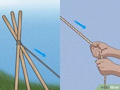 a hand holding two wooden sticks and pulling them apart from the grass with blue arrows pointing up