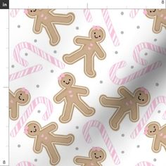 gingerbreads and candy canes on white background with pink accents for wallpaper