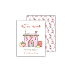 two greeting cards with the words, we're moved and an image of a pink house