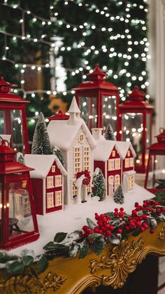 a christmas scene with red and white lights