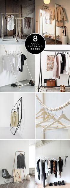 several different pictures of clothes hanging on racks