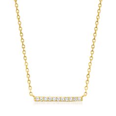 Ross-Simons - .10 ct. t. w. Diamond Bar Necklace in 14kt Yellow Gold. 16". RS Pure. Modern designs that complete your outfit and complement your personality. Layer on the sparkle! Crafted of 14kt yellow gold, .10 ct. t. w. round brilliant-cut diamonds twinkle along the front of a shining bar. Suspends from a cable chain and features a 2" extender. Springring clasp, diamond bar necklace. Diamond birthstones are the perfect gift for April birthdays. Initial Bar Necklace, Diamond Bar Necklace, Diamond Birthstone, Gold Sign, Yellow Gold Jewelry, Necklace Diamond, Diamond Bar, Fine Jewellery Necklace, Round Brilliant Cut Diamond