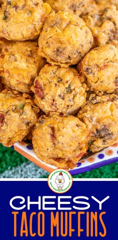 cheesy taco muffins on a plate with the title above it