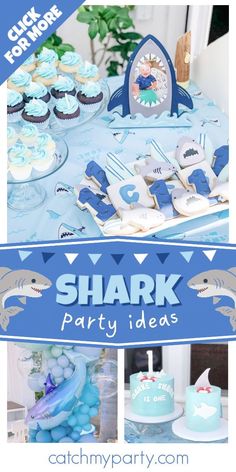 shark birthday party with cupcakes, cake and other items for the shark theme