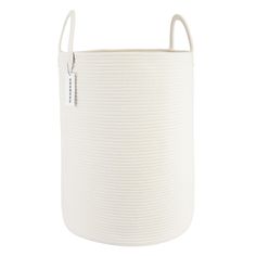 a white laundry basket with handles on the top and bottom, in front of a white background