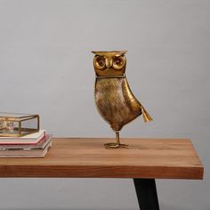 an owl figurine sitting on top of a wooden table next to two books