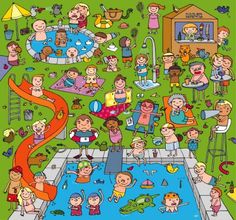 an illustrated drawing of people playing in the pool and having fun with each other at the same time