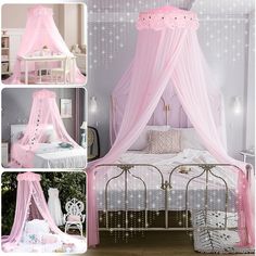 a pink canopy bed in a girls bedroom