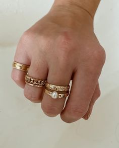 Your gold ring aesthetic inspiration. Shop handcrafted rings designed with the intention to stack. Create a ring set that's totally unique to you. #goldrings #handmaderings #pearlring #vintagerings #ringaesthetic Vintage Ring Stacking, Gold Ring Styling, Gold Layered Rings, Stack Gold Rings, Gold Rings Stacks, Non Tarnish Gold Rings, Vintage Gold Rings Women, Ring Inspo Jewelry Gold, Gold Ring Sets Aesthetic