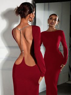 Women's Red Sexy Open Backless Rhinestone Chain Detail Maxi Fitted Party Dress Burgundy Elegant  Long Sleeve Knitted Fabric Plain Bodycon Medium Stretch  Women Clothing, size features are:Bust: ,Length: ,Sleeve Length: Backless Dress Pose, Afro Glam, Prom Dresses Long Black, Euro Fashion, Fitted Party Dress, Ruched Waist Dress, 파티 드레스, Lip Beauty, Cocktail Evening Dresses