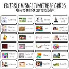 the printable visual timetable cards for children to learn how to read and write words