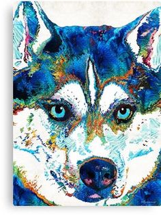 a painting of a husky dog with blue eyes