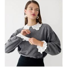 A Classic Crewneck Sweatshirt With A Few, Romantic Details. Featuring A Lace Collar And Cuff Details And An Elastic, Ribbed Hem, This Is A An Easy-Fitting, Classy Option. Jcrew Collection, Sequin Sweater, Romantic Lace, Grey Pullover, Lace Collar, Crew Shirt, Chunky Knits Sweater, Wool Blend Sweater, Collar And Cuff