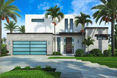 a rendering of a modern house with palm trees in the front yard and landscaping around it