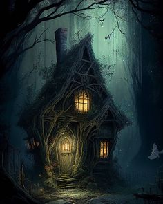 an illustration of a house in the woods at night with light coming from it's windows