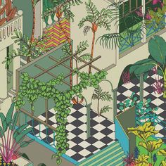 an illustration of a room filled with plants