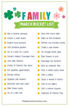 March Bucket List March To Do List, Spring Bucket List For Adults, Monthly Family Activities, Things To Do In March, Cheap Family Activities