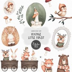 watercolor set of cute little forest animals