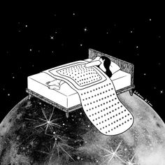 a drawing of a person sleeping on a bed in the middle of the night with stars