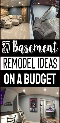 basement remodel ideas on a budget with pictures and text overlay that reads, diy basement remodel ideas on a budget