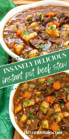 instant pot beef stew in a white bowl on a green napkin with the title above it