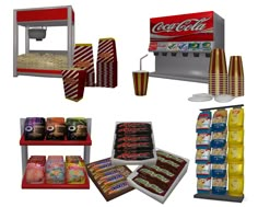 an assortment of food items displayed on shelves and in front of a soda machine, coffee cup, candy bar, popcorn popper, and more