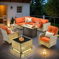 an outdoor patio with wicker furniture and lights