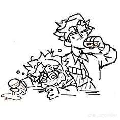 a black and white drawing of a man drinking from a cup next to another person