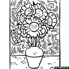 a flower vase with flowers in it on a table coloring pages, coloring sheets, art projects