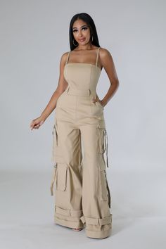 Non-stretch jumpsuit, Spaghetti straps, Square neckline, Pockets, Straps, Wide-leg, Inseam is 32 inches.Model is wearing a small Cargo Two Piece Set, Baddie Classy Outfits, Cute Jumpsuit Outfits, Tailor Machine, The Olsen Twins, Fancy Short Dresses, Cargo Jumpsuit, Stretch Jumpsuit, 2piece Outfits