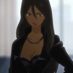 an anime character with long black hair and dark clothes, standing in front of a window