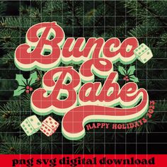 an image of the bunco babe happy holidays logo on a christmas tree branch with presents around it