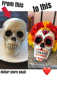 there are two skulls on the table and one is in front of a plate that says, from this to this dollar store skull